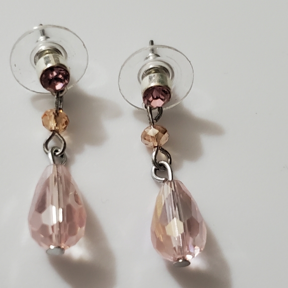 Vintage glass crystal pink drop earrings CZ stones silver elegant - Picture 6 of 8